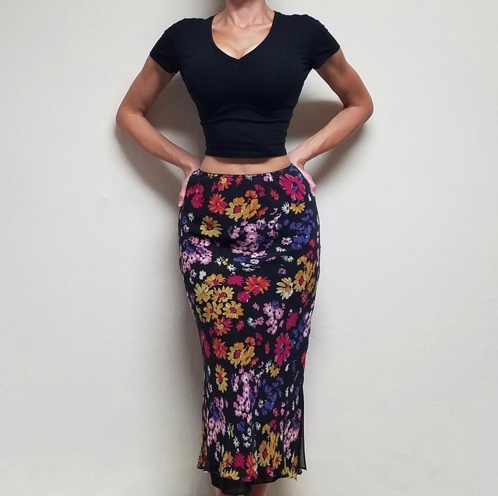 90s-Y2K Vintage Retro Express Silk Chiffon Black Multi-color Floral Midi Skirt S - Picture 2 of 13